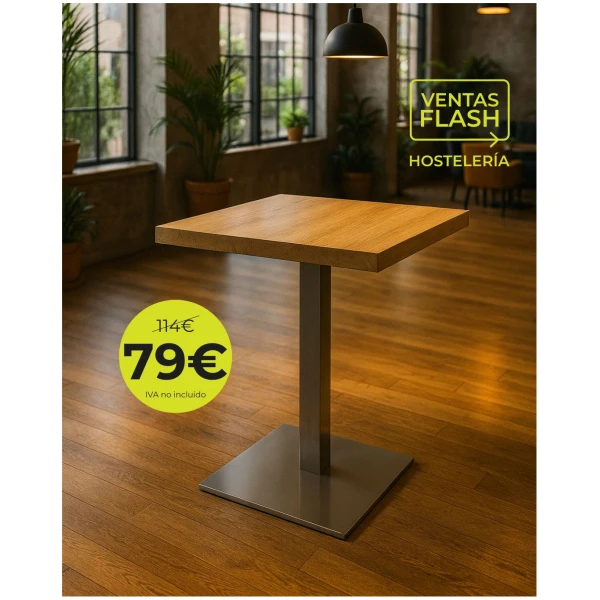 Mesa pie de hierro blanco y tablero melamina roble 70x70cm Horeca