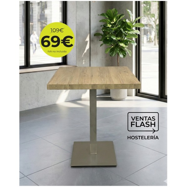 Mesa con pie de aluminio inox y tablero de melamina roble 70x70 cm Horeca