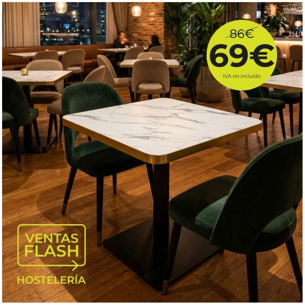 Mesa Olympo pie de hierro negro y tablero simil marmol blanco con remate dorado Horeca
