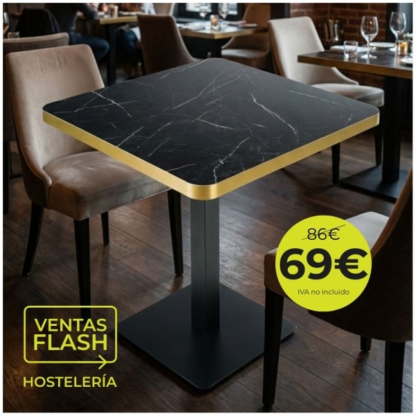 Mesa Olympo pie de hierro negro y tablero simil marmol negro con remate dorado Horeca