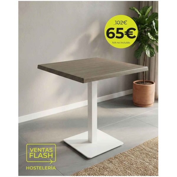 Mesa pie hierro blanco y tablero Werzalit oscuro 70x70cm Horeca