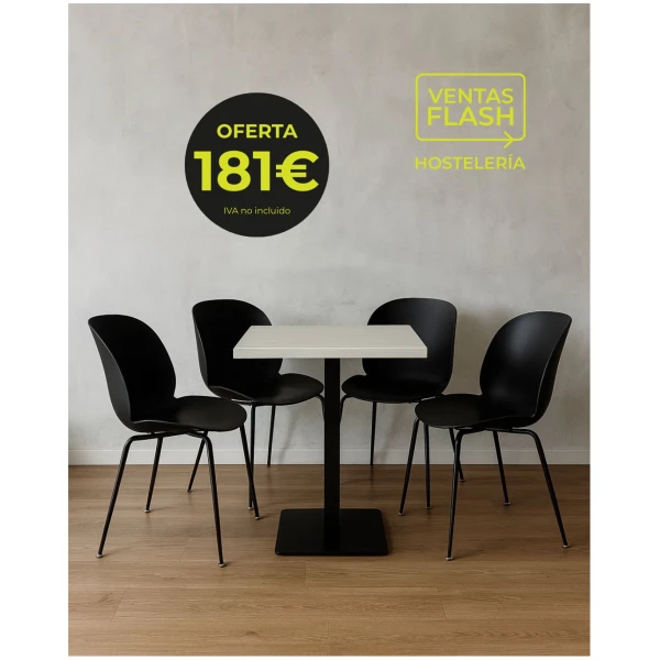 Mesa pie hierro negro y tablero claro Werzalit 70x70cm + 4 sillas negras Horeca