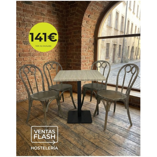 Mesa con pie hierro negro y tablero Werzalit 70x70 cm + 4 sillas vintage Horeca