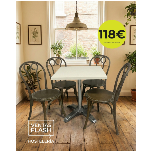 Mesa con pie aluminio y tablero melamina 70x70 cm + 4 sillas vintage Horeca