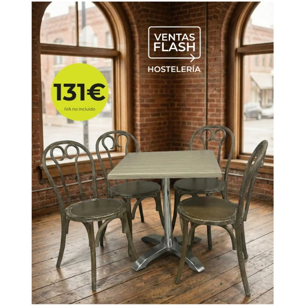 Mesa con pie aluminio y tablero Werzalit 70x70 cm + 4 sillas vintage Horeca