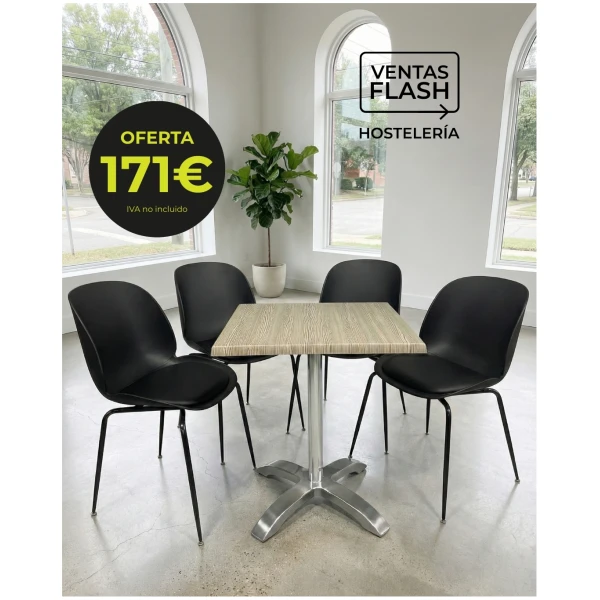 Mesa 70x70cm con pie aluminio y tablero Werzalit + 4 sillas Horeca
