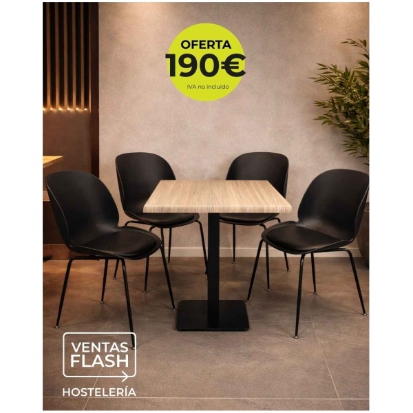 Mesa con pie hierro negro y tablero melamina roble 70x70 cm + 4 sillas Horeca