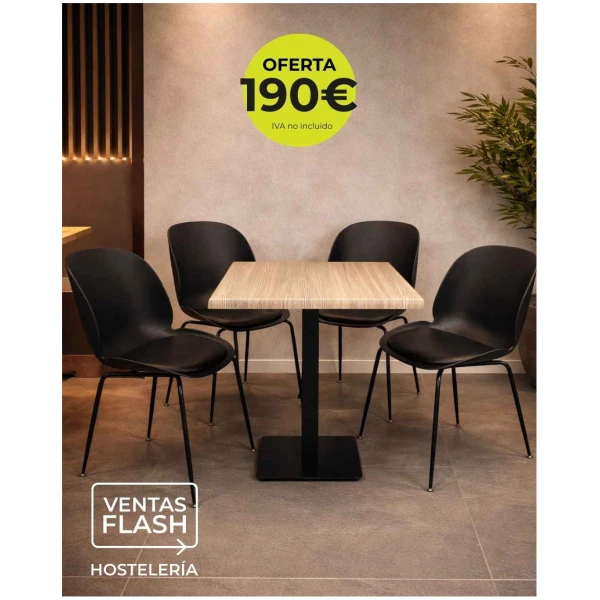 Mesa con pie hierro negro y tablero melamina roble 70x70 cm + 4 sillas Horeca