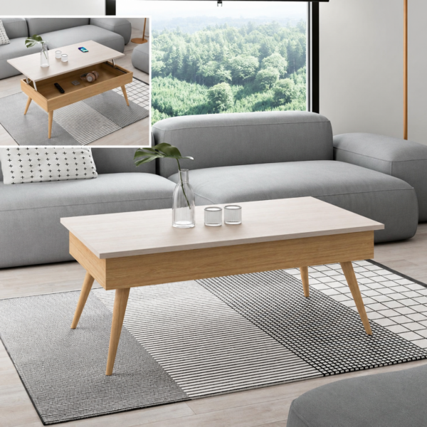 Mesa de centro elevable de madera con patas nórdicas para salón moderno