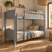 Litera Madeira gris grafito de madera maciza con dos camas de 90x190 cm y escalera lateral
