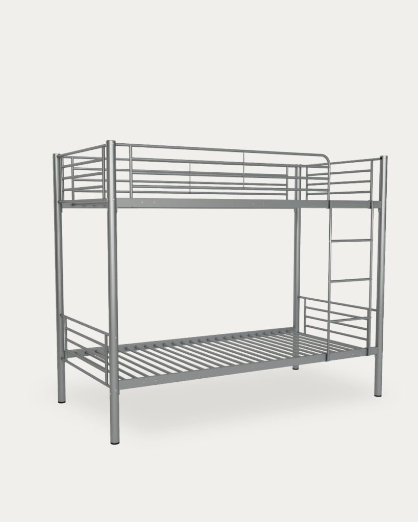 Litera metálica Teruel gris con dos camas de 90x190 cm, escalera y quitamiedos