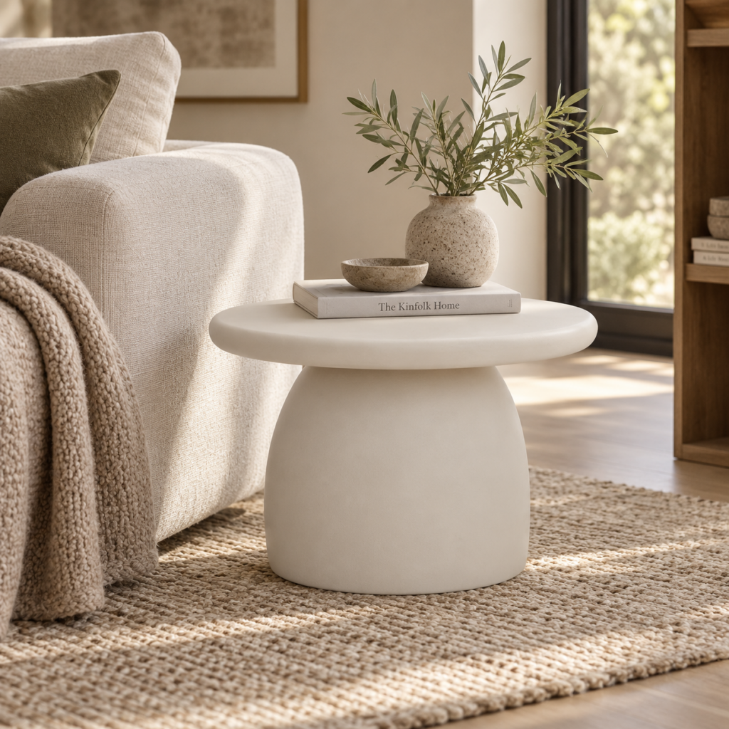 Mesa de centro de cemento redonda de 60 cm con base central curva y diseño escultórico en salón moderno de tonos neutros