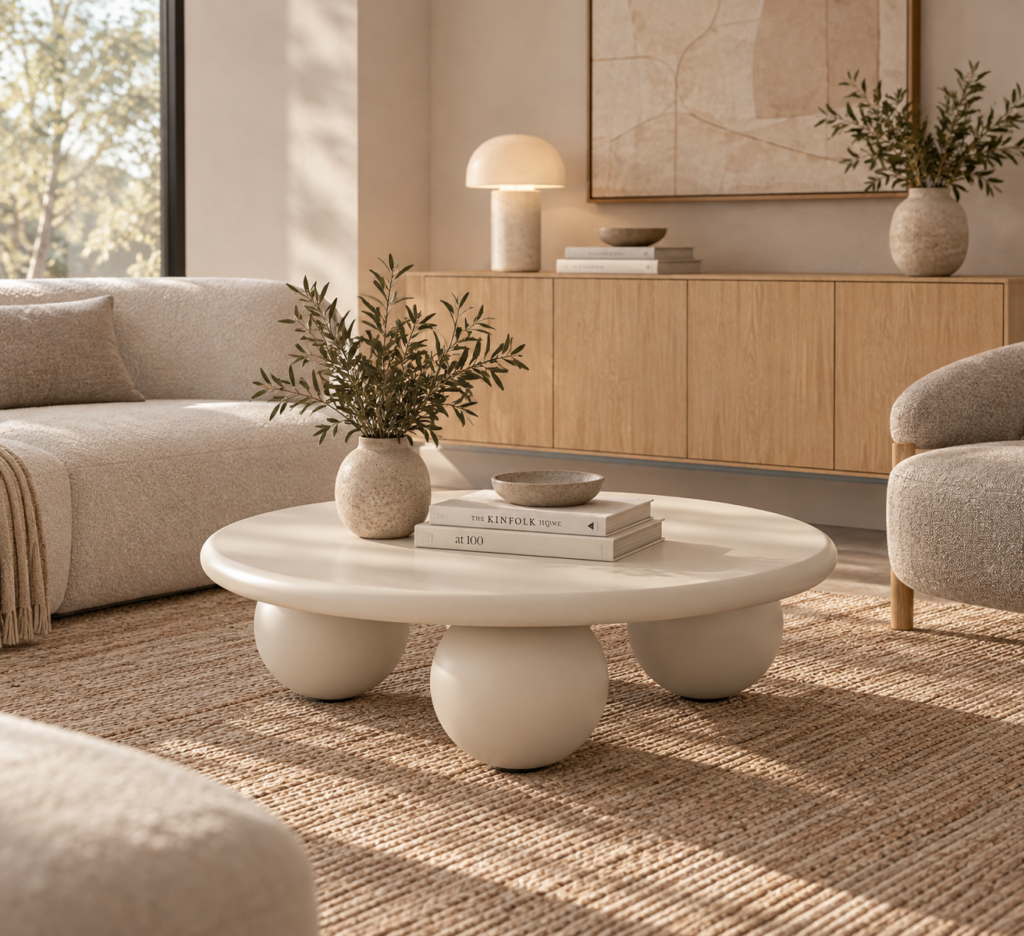 Mesa de centro redonda color cemento de 90 cm con apoyos esféricos y diseño escultórico para salón moderno