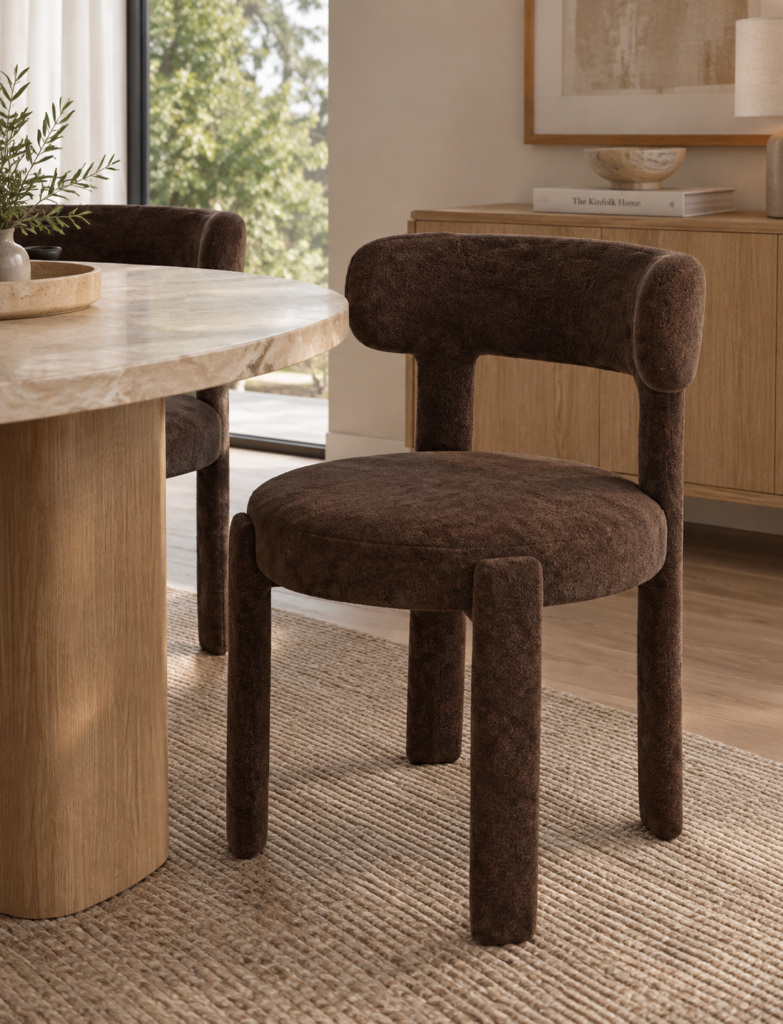 Silla tapizada marrón para comedor con asiento curvo, respaldo acolchado redondeado y patas tapizadas a juego.