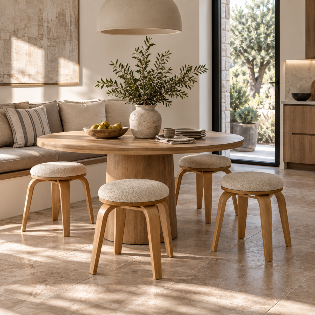 Taburete bajo Jaco en color arena con asiento tapizado giratorio y patas de madera natural