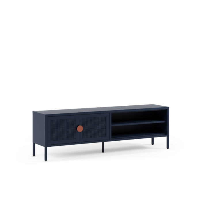 Mueble TV Sayla de 160 cm en azul oscuro con dos puertas y dos huecos